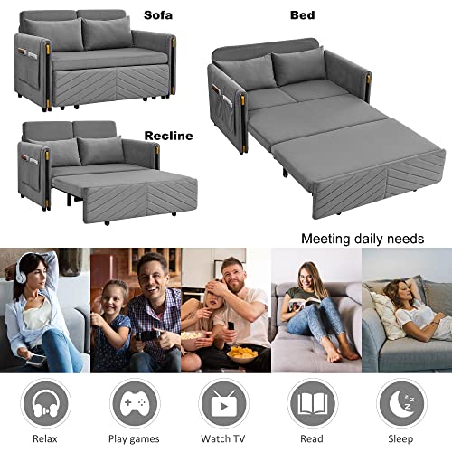 54" Pull Out Couch For Living Room, Convertible Sofa Bed With 2 Detachable Arm Pockets And Velvet Loveseat Multi-Position Adjustable Sofa With Bedhead And 2 Pillows For Bedroom, Movie Room - Grey #TOP6