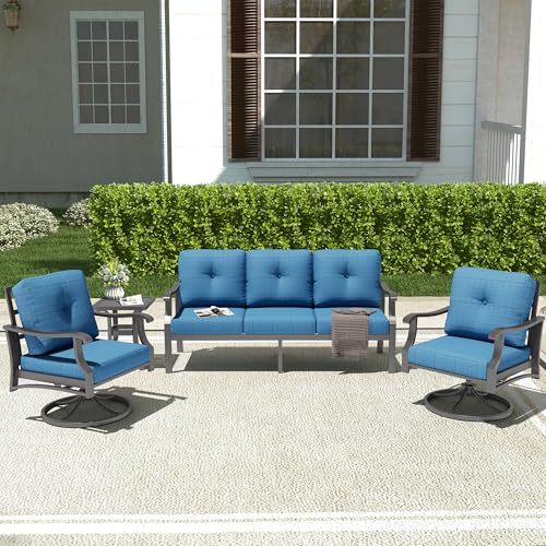 Mvpipi 4 Piece Aluminum Patio Furniture Set, Metal Outdoor Conversation Set w/3-Seat Sofa, 2 Rocking Swivel Chairs, Side Table, Patio Bistro Set w/5' Thickened Cushions for Backyard, Poolside, Blue