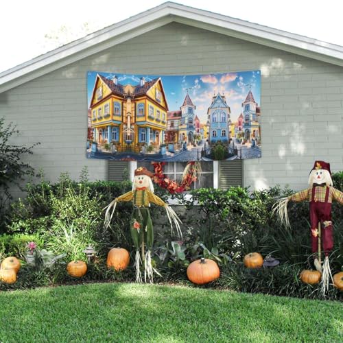 MINDBBDFJ Colorful Classic Houses Print Banners And Signs For Outdoor/Indoor,Personalized Banner Customizable Parties Halloween Banner (180x90cm)3