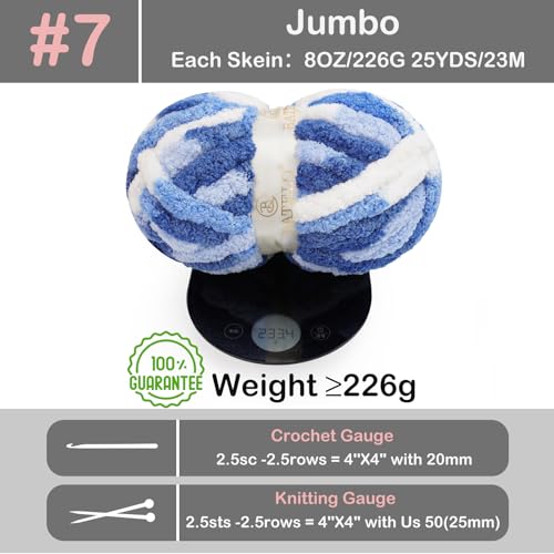Chunky Yarn for Hand Knitting, Chunky Chenille Blanket Yarn for Crocheting, Bulky Soft Fluffy Chenille for Blanket Project, 8 Pack of 8oz/25yds, White&Blue