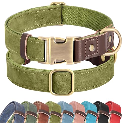 Image of Didog PU Leather Dog Collar for Large Dogs, Soft Nylon Lining,OliveGreen XL