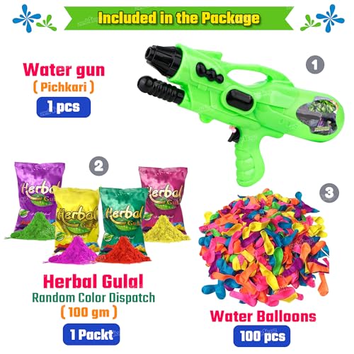 Image of Zest 4 Toyz Water Gun Toy for Kids with High Pressure Holi Pichkari for Boys Girls N Combo of 1 Pkt Holi Gulal & 100 Water Balloons Summer Pool Party Toys - Green