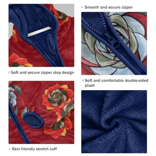 Floral Design on Red Background Toddler Fleece Jacket Girl Boys Hooded Fleece Jacket Coat Warm Outwear Zip-up 3-10T3