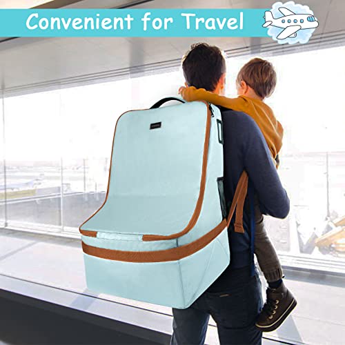 Image of YOREPEK Padded Car Seat Travel Bag for Air Travel, Carseat Cover Backpack with Shoulder Straps, Large Carseat Gate Check Bag, Baby Travel Essential(Light Cyan)