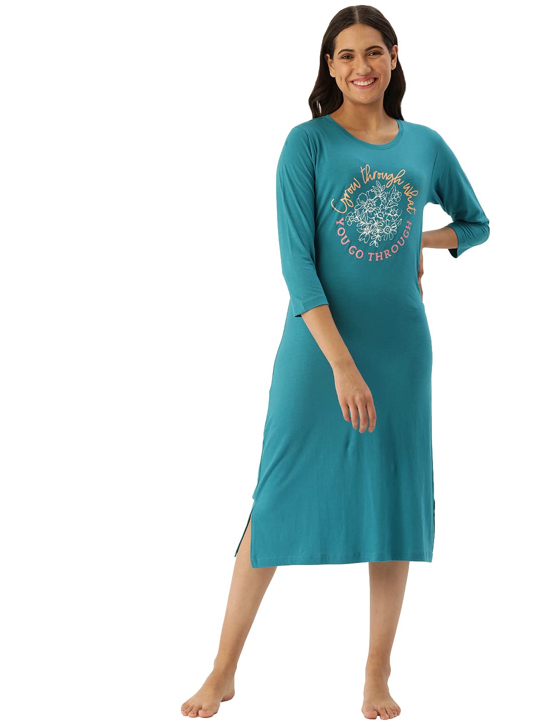 Slumber Jill Sea Green & White Printed Pure Cotton Nightdress