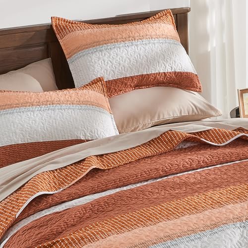 Image of Andency Orange Quilt King(106x96Inch), 3 Pieces (1 Striped Quilt and 2 Pillowcases) Patchwork Striped Bedspread Coverlet Set, Soft Lightweight All Season Quilted Bedding Set