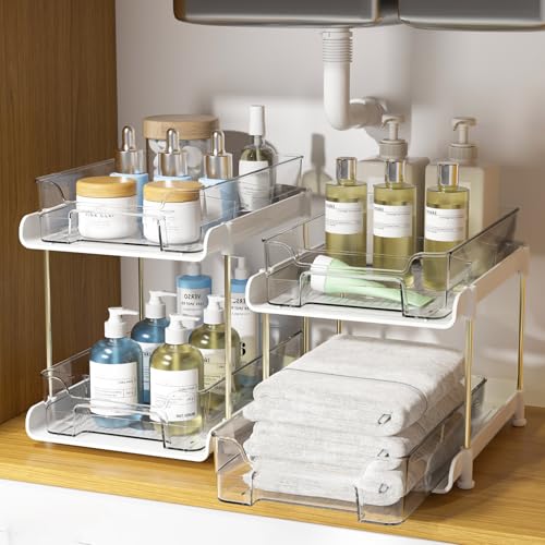 2 Tier Under Sink Organizer and Storage, Sliding Multipurpose Storage Unit, Kitchen Pantry Organization, Pull Out Medicine Cabinet Organizer for Storing Kitchen Spices, Bathroom, Skincare (White) - Image 2