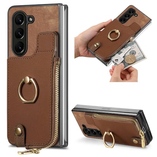 Étui de téléphone en cuir pour Galaxy Z Fold 5 antichoc avec fermeture éclair et bague