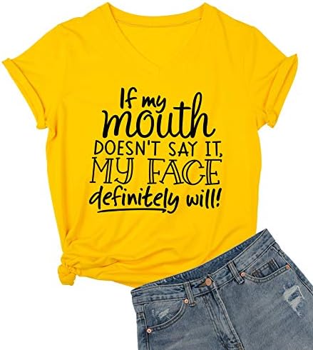 DANVOUY Women's V-Neck Cute Tees Funny Letter Printed T Shirt Graphic Tops Yellow XX-Large