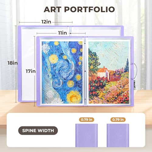 Image of JoyCat 12 x 18 Art Portfolio Binder, 40 Acid-Free Clear Pockets Art Folder Display 80 Pages, Large Presentation Book for Artists and Students (Purple)