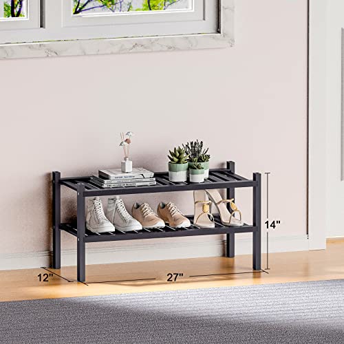 2 Tier (Thick) Bamboo Shoe Rack for Closet Free Standing Wood Shoe Shelf for Entryway Small Space Stackable 27"x12"x14" (Black)