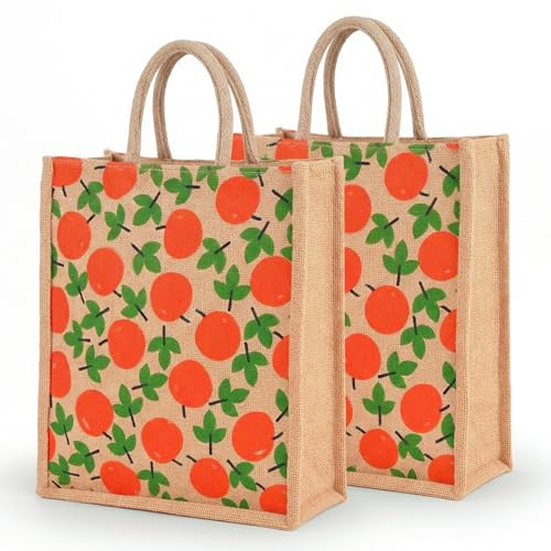Image of Kuber Industries 2 Pcs Grocery Bag /Shopper Bag with Strong Handles for Shopping /Grocery /Lunch | Lightweight /Reusable and Foldable | Fruits - Brown