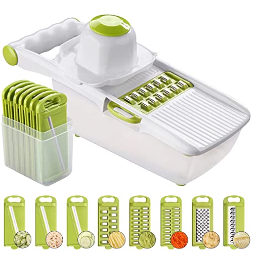 ADOV Mandoline Gemüseschneider, Alle in 1 Multifunktion Gemüsehobel Julienneschneider mit Behälter, Handschutz, Austauschbar Edelstahl Klingen, Küchen Zwiebelschneider zum Gurke Kartoffel Tomat Obst Cover