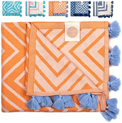 Nova Blue (37 x 69) - Orange Zigzag Beach Towel, 100% Turkish Cotton - Sand Resistant Beach Towels with Unique Designs - Quick Dry Turkish Bath Towels
