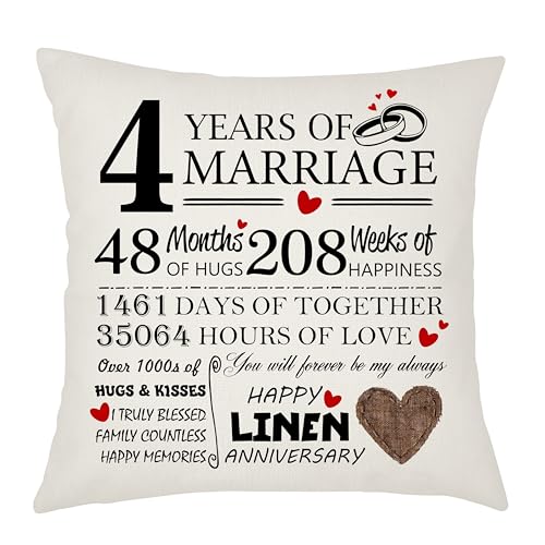 Weosan 4th Wedding Anniversary Linen Anniversary Cushion Cover - Gift for Wife or Husband - 4 Years of Marriage Keepsake Present - Elegant 45x45cm Pillow Case (4 Years of Marriage)