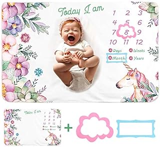 Baby Monthly Milestone Fleece Blanket for Boys Girls, Large Floral Leafs Unicorn Printed Growth Soft Comfortable Blankets with 2 Felt Photo Frame 40 x 60 Inches