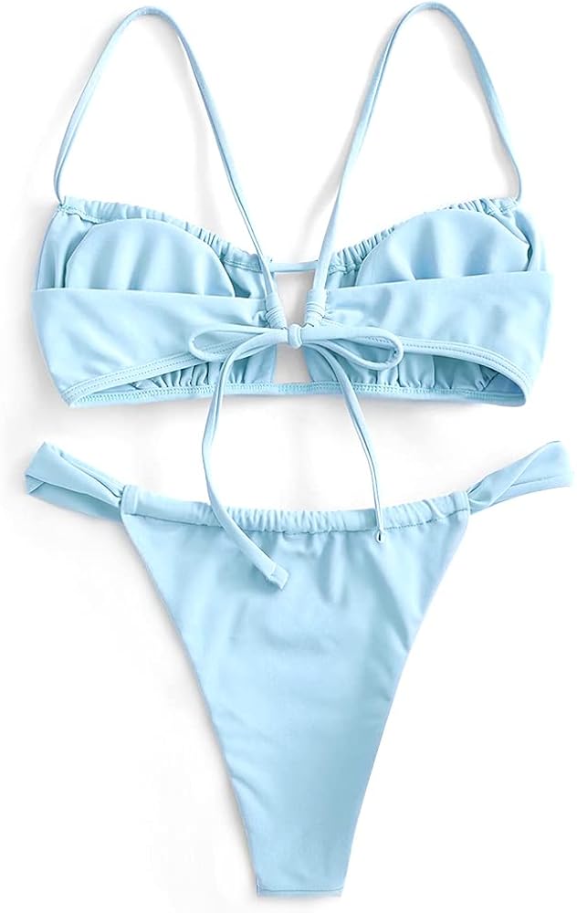 ZAFUL Women's Spaghetti Strap Cutout Keyhole Ruched Tie Cami Bikini Set Swimsuit: Clothing