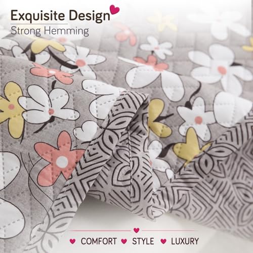 Image of HOKIPO 'Homehues Series' Printed Quilted Sofa Cover 5 Seater Set - Washable 3+1+1 Sofa Cover Mat, Pastel Brown Sandwort Flower (IN-806 * 2 + IN-809 - D1)