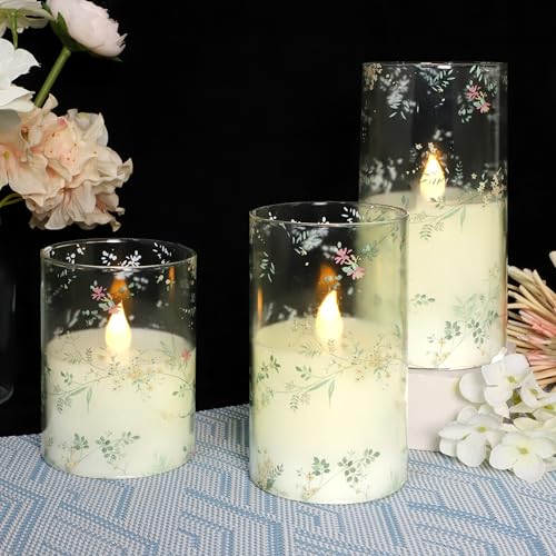 Image of Glass Flameless Candles Flickering Battery Operated LED Pillar Candles Set of 3 with Timer and and 10-Key Remote Green Branch Floral Spring Summer Theme for Wedding Festival Home Decoration