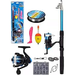 Caña Con Carrete Caña de Pescar 210cm con Carrete y Accesorios Telescópica Conjunto de Pesca Ideal Señuelo Hilo Bolla Plomos Anzuelos 0515 Combo de Pesca