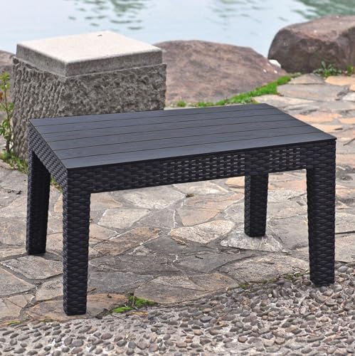 URBN GARDEN Black Wicker Coffee Table Chic Outdoor Bistro Furniture with Wood-Like Surface, Ideal for Garden, Balcony, or Patio Setting - Image 2