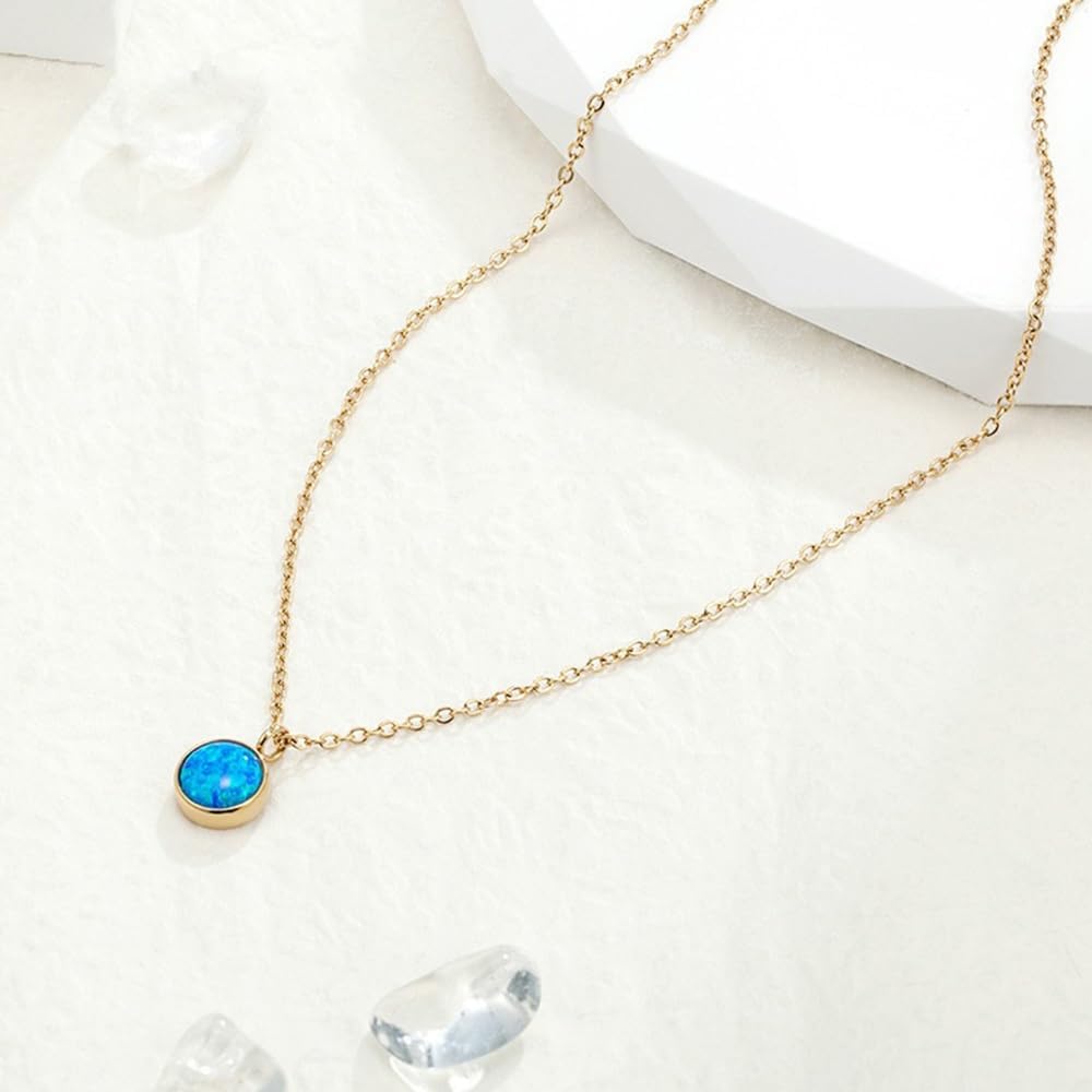 Blue Opal Necklace for Women,Titanium Opal Play-of-Color Birthstone Necklace