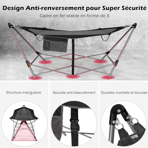 GOPLUS Hamaca Plegable Portátil con Bolsillo Lateral con Soporte de Metal y Hebillas Antivuelco, Hamaca para Acampar al Aire Libre con Bolsa de Transporte para Patio, Jardín, Fácil Montaje, 150 kg - imagen 3