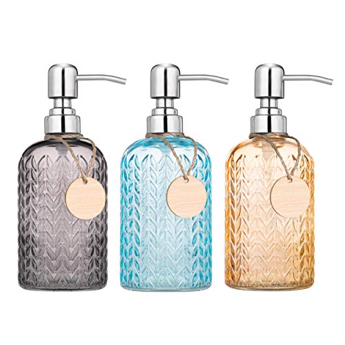 Image of Florre Hand Soap Dispenser Bathroom - Kitchen Glass Sanitizer Bottle with Stainless Steel Pump and Silicone Funnel Set Ideal for Hand Soap, Liquid Sink Dish Soap, Lotion, Oils - 15 Ounce (Oz) (Multi)