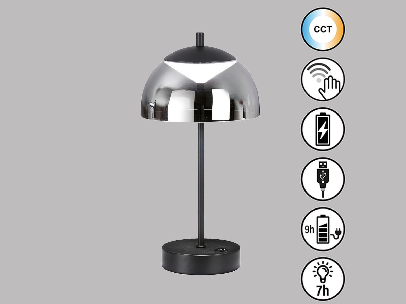 meineWunschleuchte 2er SET kabellose Tischlampen Schwarz/Rauchglas mit Touchdimmer, Höhe 35cm