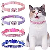 Cat Bling Collars for Girl Cats , 4 PCS Cat Collar Rhinestone, Adjustable Soft Velvet Diamante Heart...