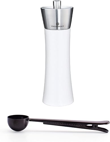 Zassenhaus Augsburg Molinillo de pimienta, juego de regalo de 7 pulgadas, blanco brillante y acero inoxidable, con cuchara de especias de acero