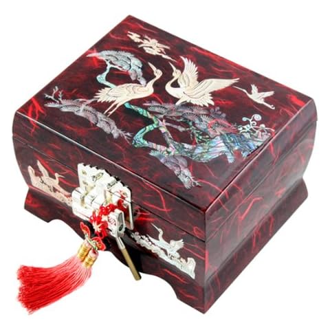 Mother of Pearl Musical Bird Design Wooden Girls Jewellery Mirror Trinket Keepsake Treasure Gift Music Asian Lacquer Box Case Chest Organizer with Crane and Pine Tree in Red Mulberry Paper Cover