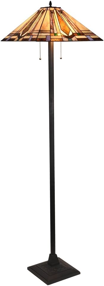 Tiffany Mission Style Floor Lamp Standing Light Fixtures 65-Inch Tall Stained Glass Shade 16-inch Wide Pull Chain for Bedroom, Living Room