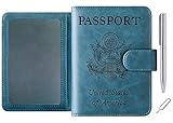 Passport and Vaccine Card Holder Combo Passport Holder Cover Wallet Case Leather Travel Wallet Rfid Blocking for Men Women (2#Blue)