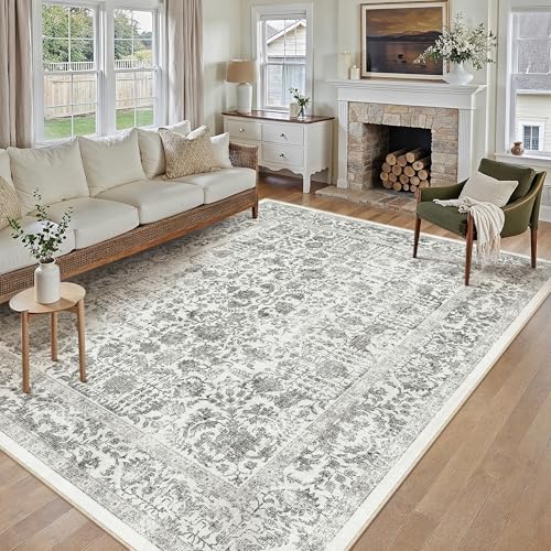 Black Area Rug 10x12 Machine Washable Large Vintage Living Room Distressed Non Slip Carpet Traditional Indoor Bedroom Grey Retro Floral Accent Throw Rug for Office Kitchen Dining Room