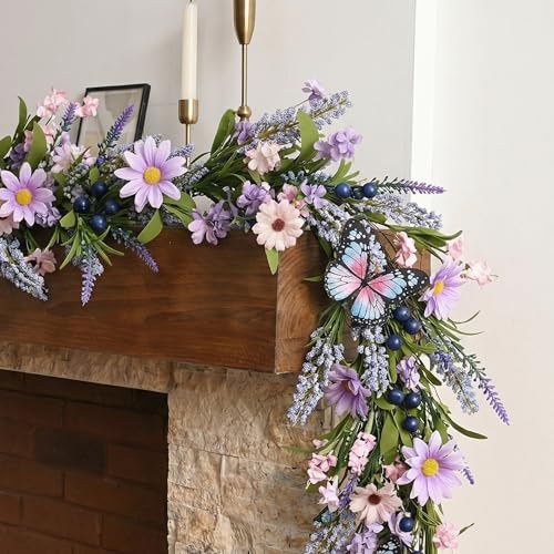 Valery Madelyn Purple Lavender Flower Garland for Mantle with Lights, 6 feet Pre-Lit Floral Garland Decorations for Farmhouse Wedding Anniversary Spring Summer Indoor Decor