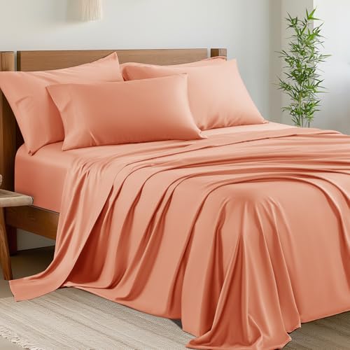 Image of Shilucheng 6 Piece Queen Sheet Sets, Cooling Sheets, Blend Rayon Derived from Bamboo, Deep Pocket Up to 16 inch, Breathable & Soft Bed Sheets, Hotel Silky Bedding Set, Coral