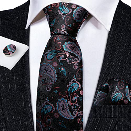 Set de corbata negra paisley de seda para hombre miniatura 3