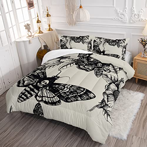 Hosima Gothic Decor Comforter Set,Death Moth Skull Heads Pattern Halloween Bed Set Queen Size For Boys Room Decor, Twin Bed In A Bag For Teens With 2 Pillowcases. #TOP2