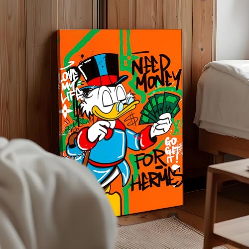 Image of Modern Pop Art Duck Money Canvas Wall Art Painting For Living Room | Graffiti Street Painting | Bold Cartoon Artwork for Living Room, Office & Cafe Decor, 56x86 cm