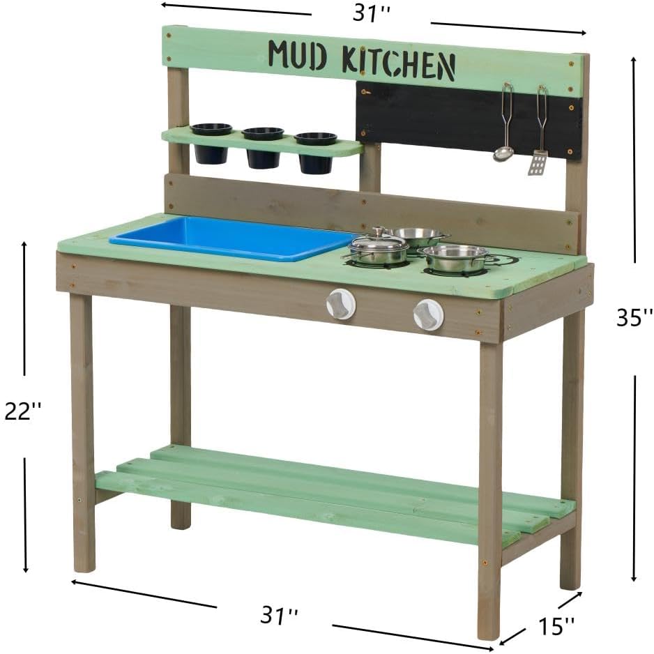 Premium Cedar Wood Outdoor Sand Box with Waterproof Cover and Adjustable Shade Canopy for Backyard Play Area (Mud Ktichen 31 * 15 * 35)