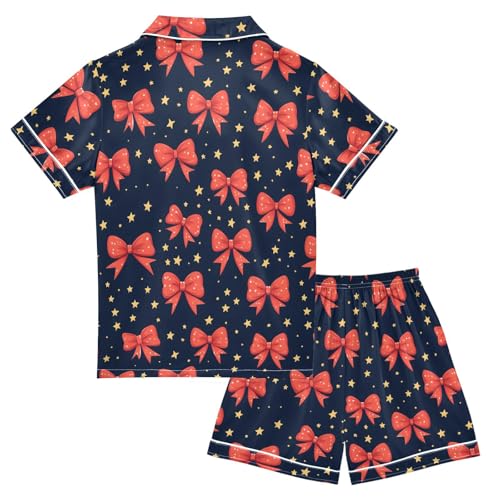 ALAZA Red Bow Star Blue Satin Pajamas Set Short Sleeve Button Down Sleepwear Summer Pjs 2 Piece2