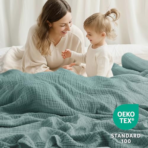 100% Cotton Muslin Blanket Large 50" x 70", 6 Layers Breathable and Lightweight Cotton Throw Blanket for Bed and Couch, Soft Quilt Bedspread, Gauze Blanket for Adults All Season, Teal