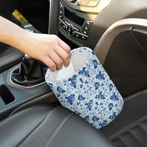 Image of Blue Roses Car Rubbish Bin Portable Waste Basket Can Foldable Auto Waste Storasge Bag Holder with Adjustable Strap for Camping, Travelling, Picnic