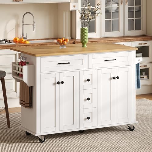 Carrito de Cocina con encimera Plegable Isla de cocinas con 5 cajones 4 Puertas toallero especiero Ruedas aparador para Comedor Sala de Estar Buffet Mueble Blanco 140x65x89 cm