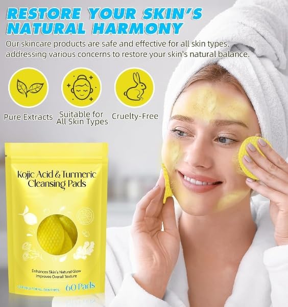 BATTLELAND Turmeric & Kojic Acid Face Cleansing Pads for Dark Spots, Skin Brightening & Acne Prevention|Vitamin C, Retinol & Chamomile Hydrolat|For Women & Men|All Skin Type|60 Pieces Pack of 1