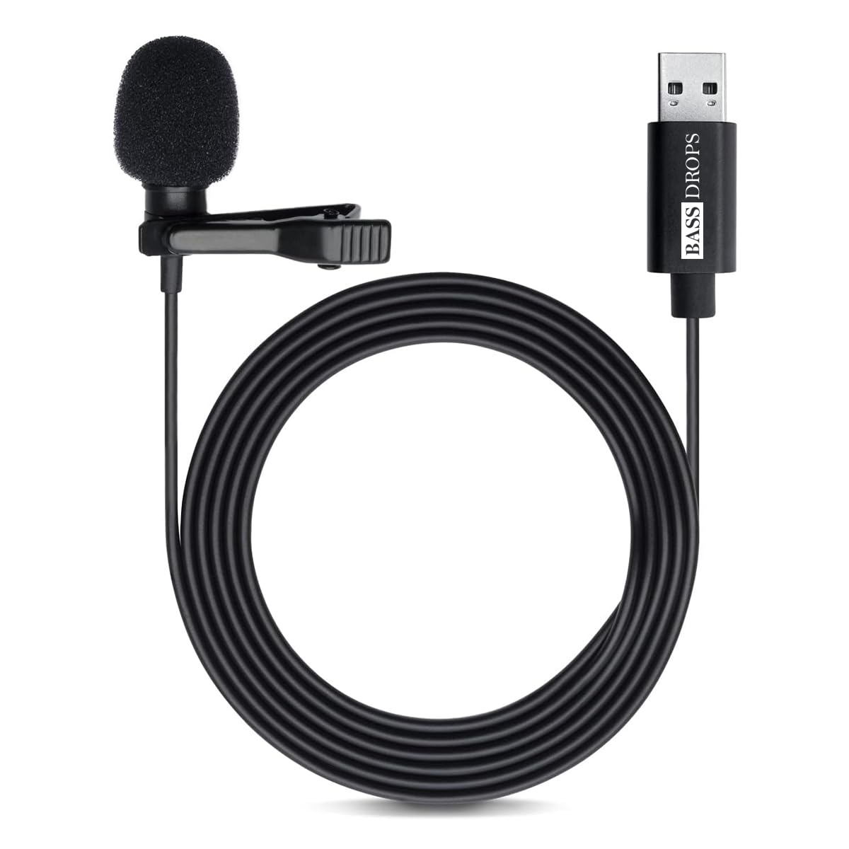 BassDrops M1 USB Lavalier Lapel Clip-on Omnidirectional Computer Microphone for Laptop, PC and Mac, Perfect Podcasting, Gaming, Streaming and Desktop Mic (1.5 Meters)