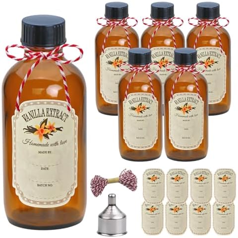 YINGERHUAN 4 oz Amber Glass Bottles - Small Glass Jars with Black Lids Empty Boston Bottle,Dispensing Bottles for Homemade Vanilla Extract, Essential Oils, Herbal Medicine (6) Cover