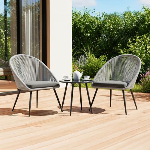 Image of DEVOKO 3-Piece Outdoor Patio Bistro Set with Handwoven All Weather Rope Chairs & Glass Top Coffee Table for Garden, Pool, Balcony, Lawn (Grey & Dark Grey)