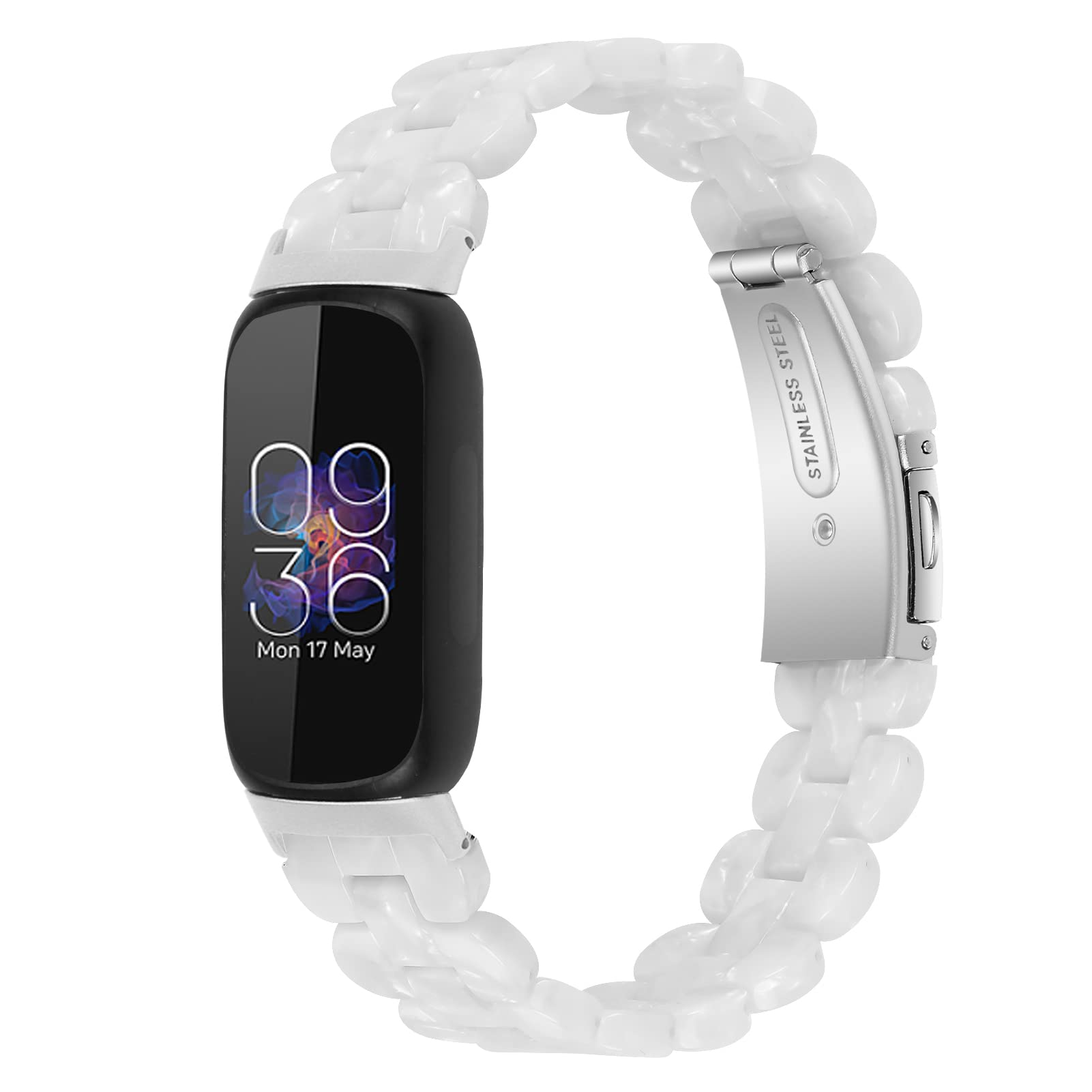 JOPLKOL Resin Strap Compatible with Fitbit Inspire 3, Waterproof & Lightweight Bracelet Wristband Replacement with Stainless Steel Buckle,Fashion Strap for Fitness Tracker Women (Pearl White)